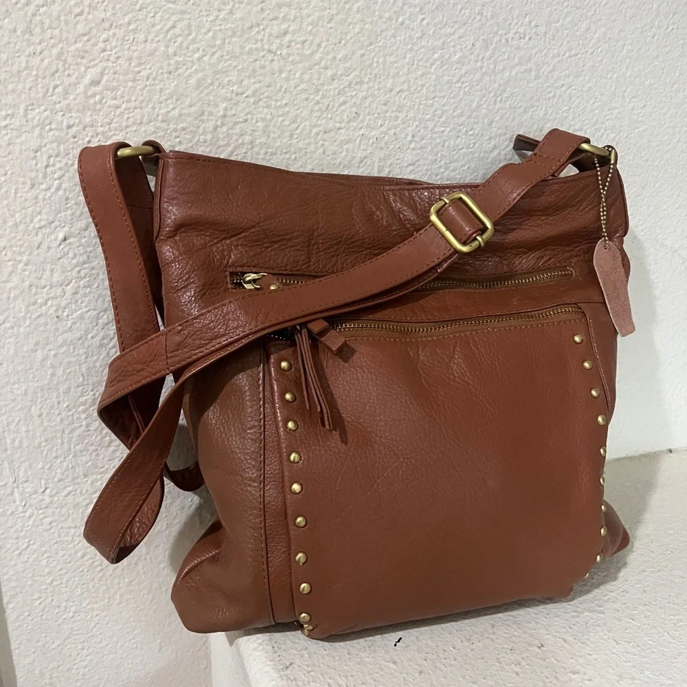 CGreat American Leatherworks Brown Leather Studded Shoulder Cross Body Bag‎